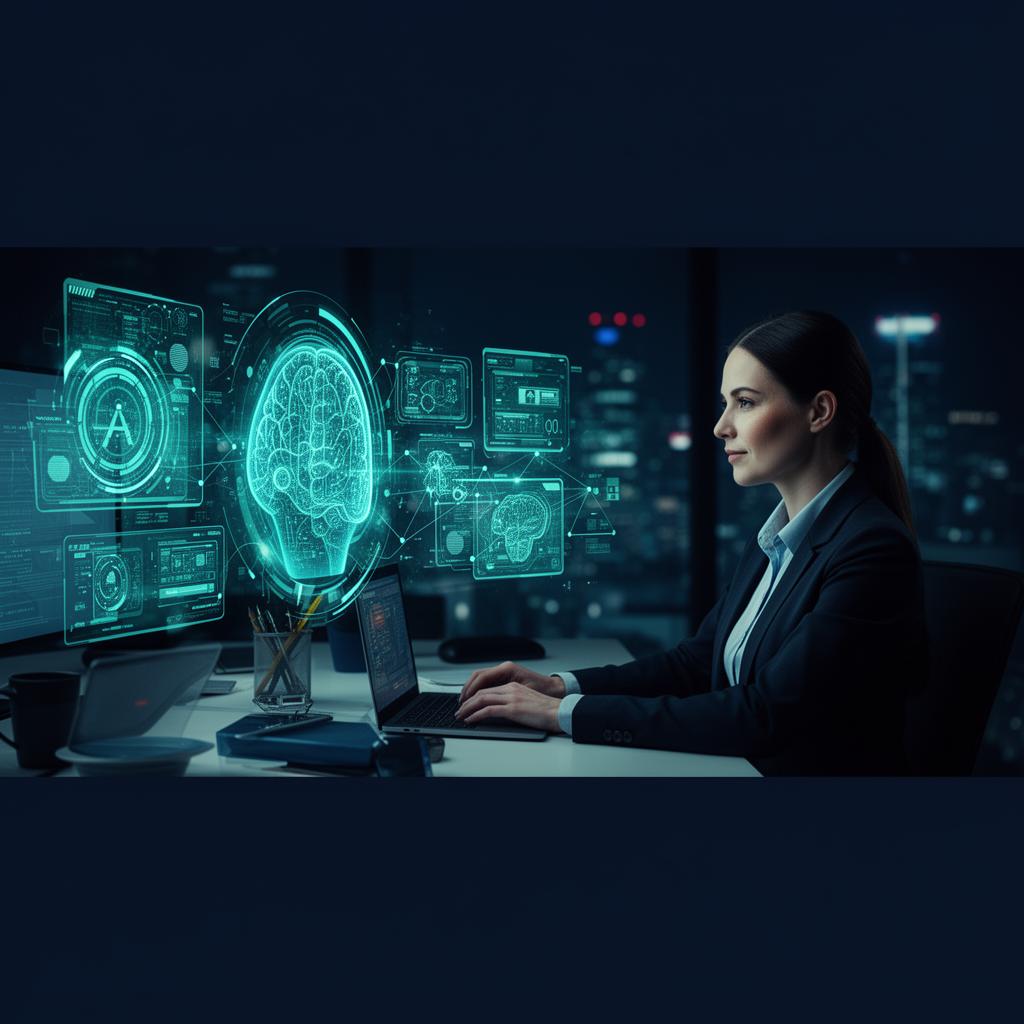 A professional collaborating with AI-powered holographic interfaces