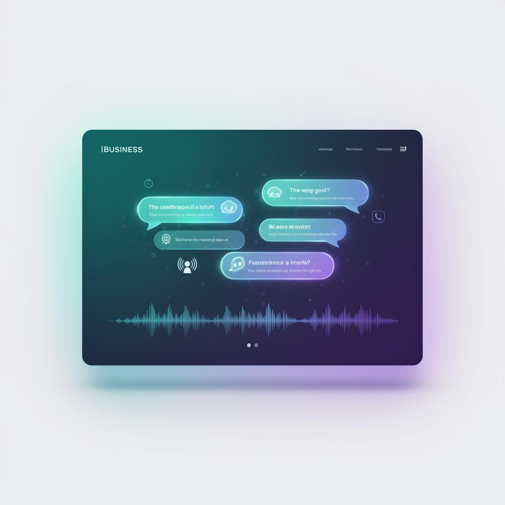 A modern business website with AI conversational interface glowing with teal and purple accents